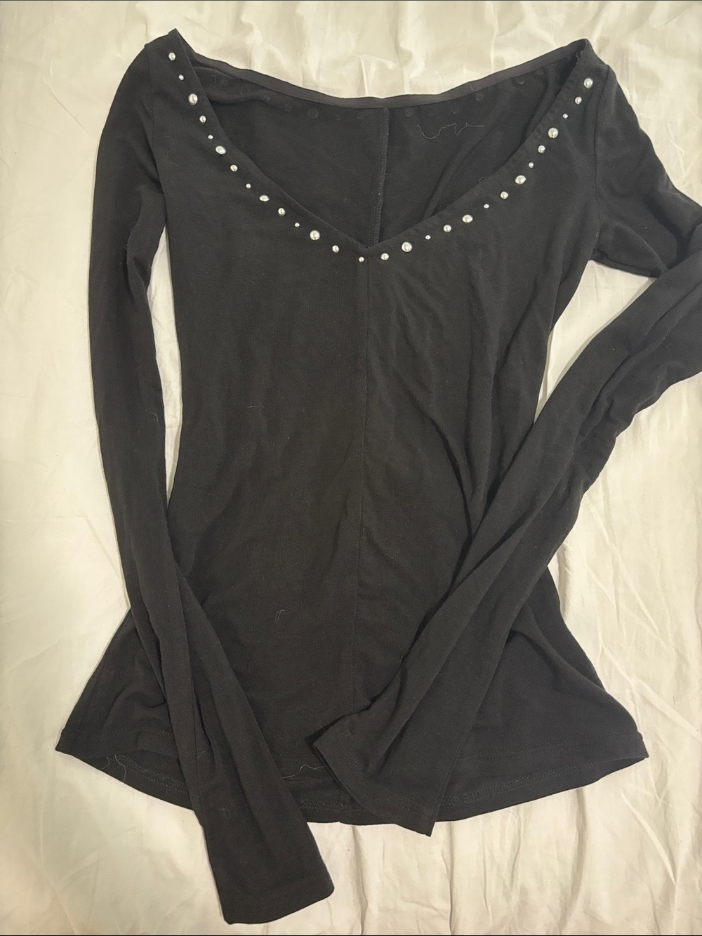 Black Long-Sleeve V-Neck Top with Studs